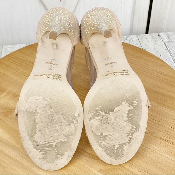 Anne Michelle Enzo Rhinestone Faux Suede Strappy Heels Tan Open Toe 7.5 - Picture 10 of 13